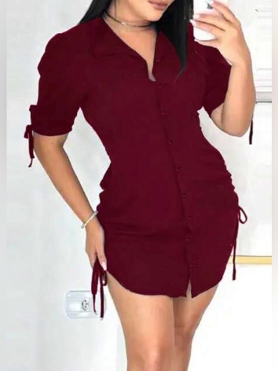 Tops - Women's Maroon Button-Front Short Sleeve Shirt Dress